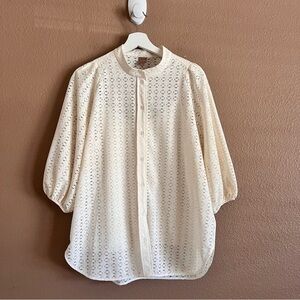 Hugo Boss Puff Sleeve Batisy Lace Button Up Blouse Size US 8